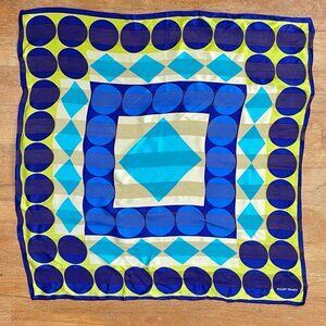 Vintage Geometric Print Silk Scarf 90s Ellen Tracy Large Square Ascot Blue Lime